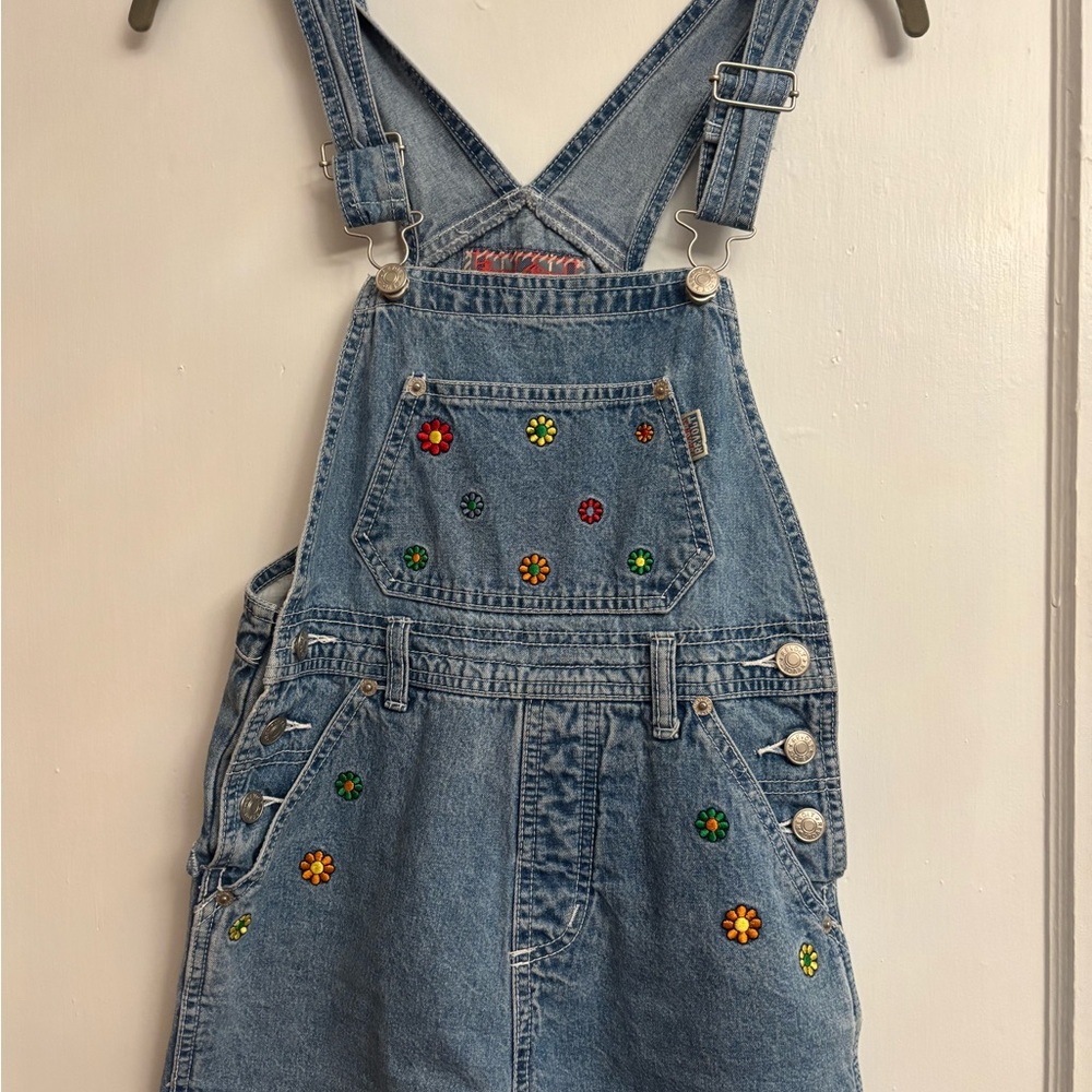 Revolt Jeans Blue Overalls with Colorful Floral Embroidery Y2K